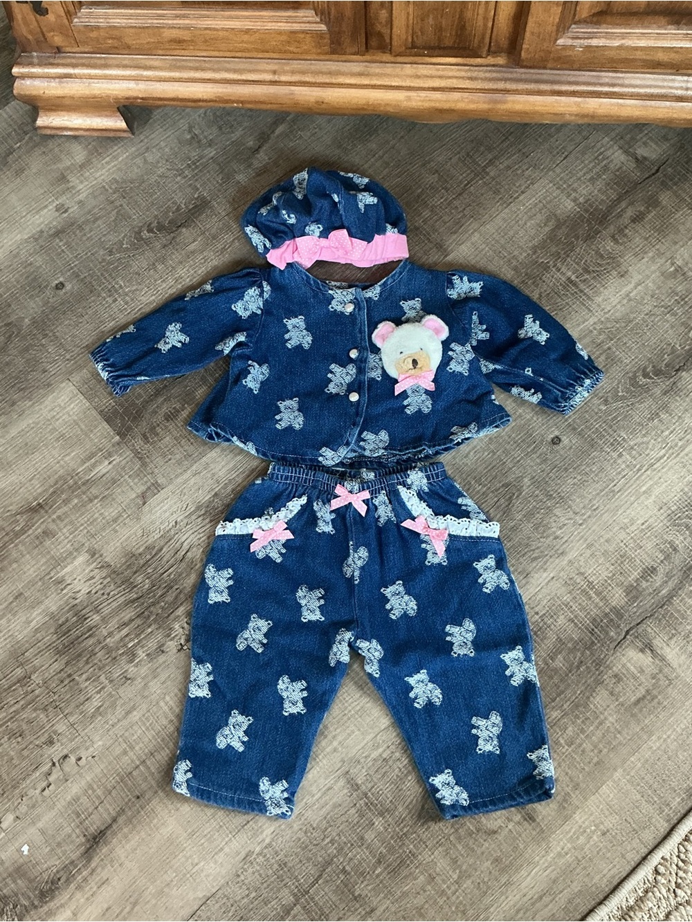 Vtg Buster Brown Baby Girls 3pc Denim Outfit Set 12M Teddy Bear Print Jacket Hat